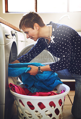 Buy stock photo Woman, washing machine and clothes laundry in home for spring cleaning morning, hygiene or detergent. Female person, basket and housekeeping work with electrical appliance or task, sanitary or towels