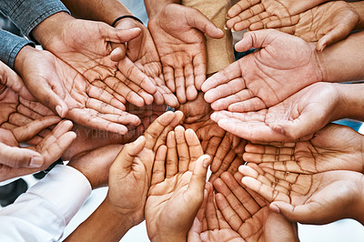 Buy stock photo Hands, palm and diversity of people in circle of charity, support and community together from above. Closeup, helping hand and teamwork for crowdfunding, donation and society of peace, unity and care