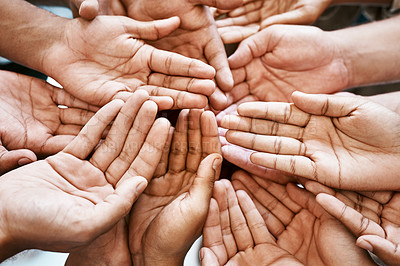 Buy stock photo Hands, teamwork and collaboration in closeup with partnership and charity for community support. Group, people or friends and crowd palm for help, hope and goal or mission for solidarity and peace