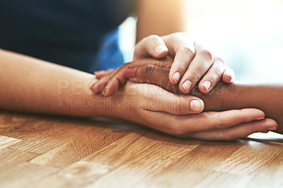 Buy stock photo Support, care and together with people holding hands for hope, trust and empathy. Diversity, forgive and friends with helping hand, respect and help through cancer grief or consoling with connection