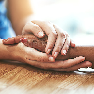 Buy stock photo Support, closeup and people with care holding hands for hope, trust and empathy. Diversity, forgive and friends with a helping hand, respect and help through grief or consoling with connection