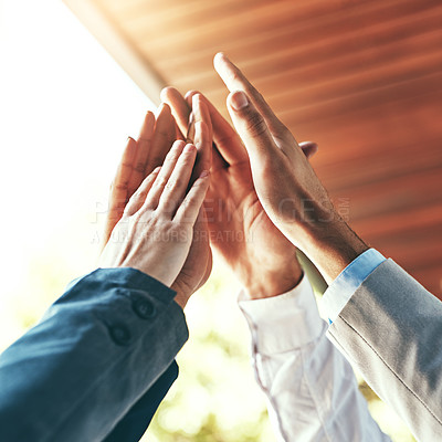 Buy stock photo High five, people and hands for collaboration, success and celebration for work achievement, goal and job well done. Trust, partnership and winner for teamwork, target and motivation or team building