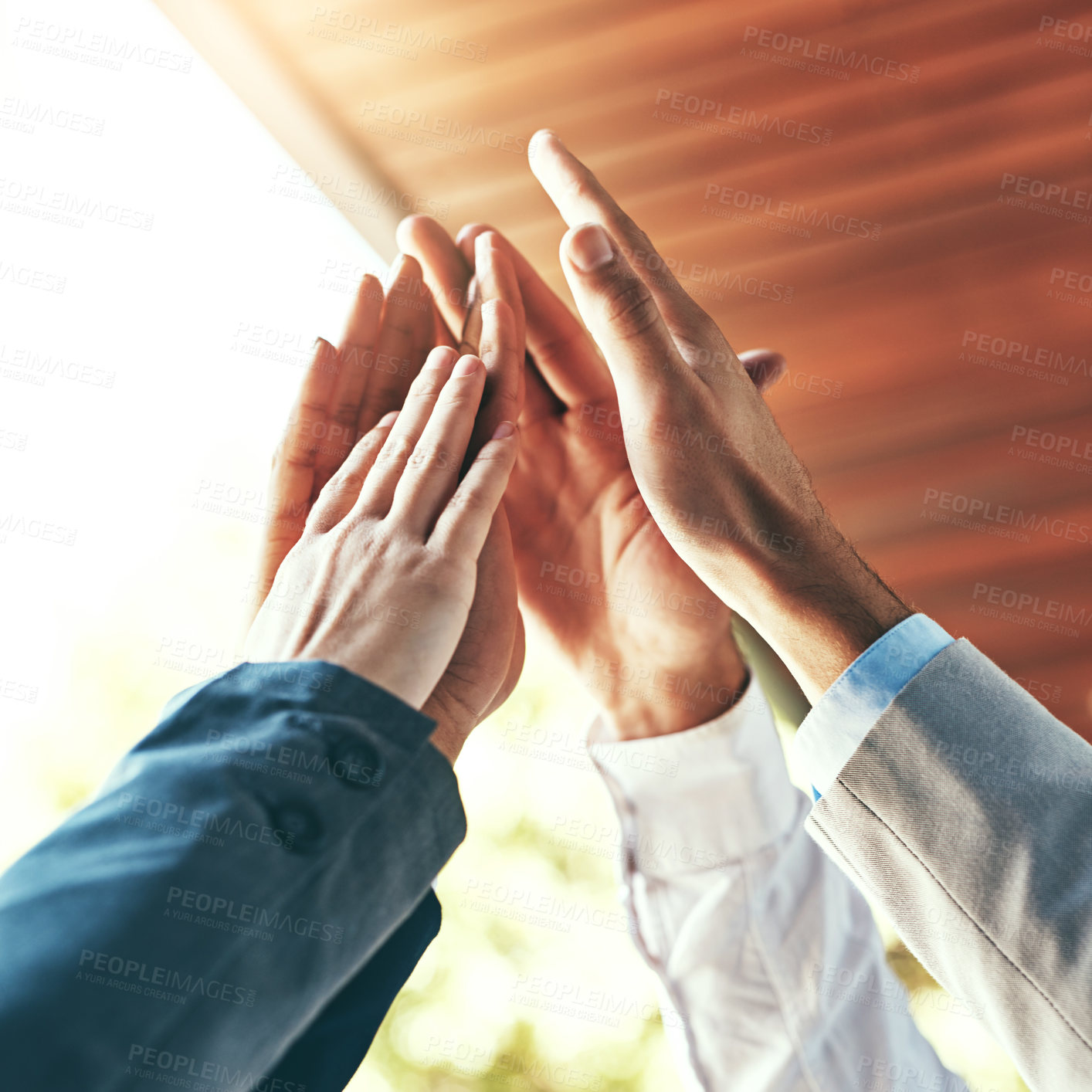 Buy stock photo High five, people and hands for collaboration, success and celebration for work achievement, goal and job well done. Trust, partnership and winner for teamwork, target and motivation or team building