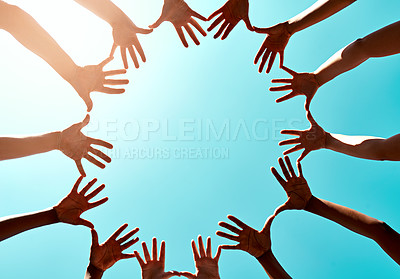 Buy stock photo Circle, unity and teamwork with hands with sky for trust with lens flare. Earth day, care and recycling with eco friendly for planet with blue background for global with climate change for people