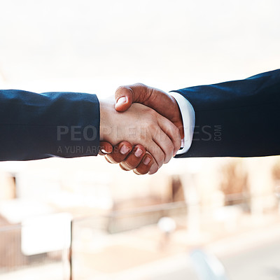 Buy stock photo Handshake, people and hands for success, partnership and celebration for work achievement, goal and job well done. Trust, collaboration and business workers for team, deal and win in corporate career