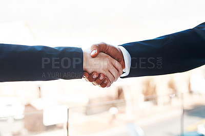 Buy stock photo Handshake, welcome or hands for success, partnership or celebration for achievement, goal or job well done. Trust, racial equality or affirmative action for people, deal or win in corporate career