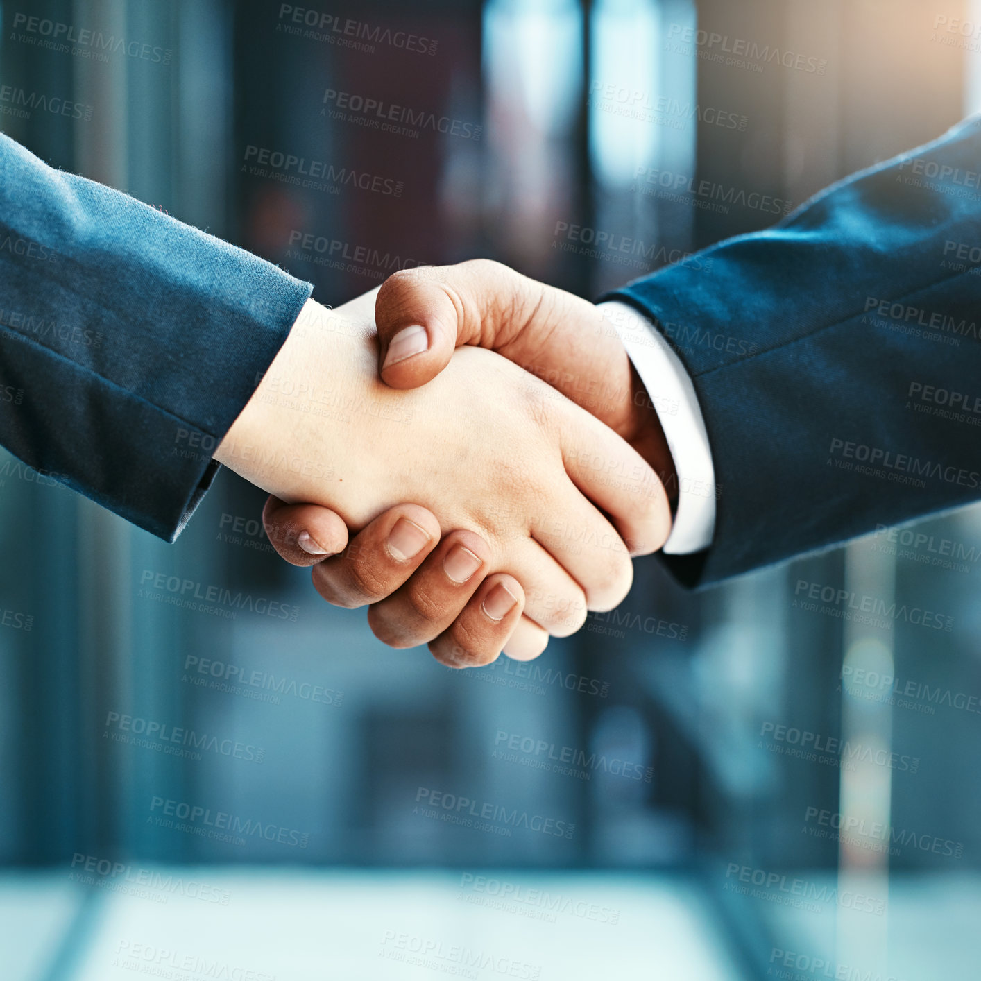 Buy stock photo Handshake closeup, business people and collaboration, agreement and support with networking, welcome and introduction. Hiring, recruitment and promotion, corporate team shaking hands and partnership