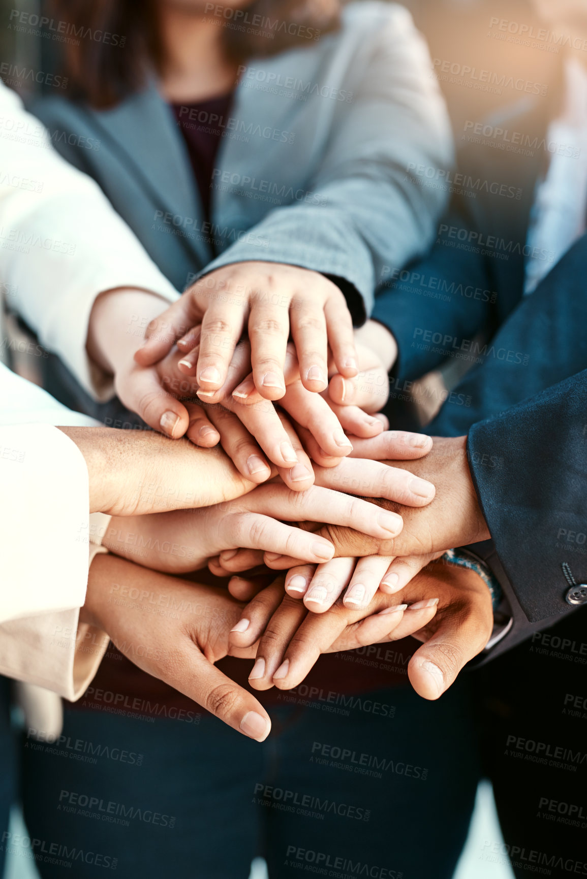 Buy stock photo Closeup, business and team with hands, stack and collaboration with teamwork, brainstorming and planning. Zoom, group and staff with partnership, fingers and motivation with solidarity and support