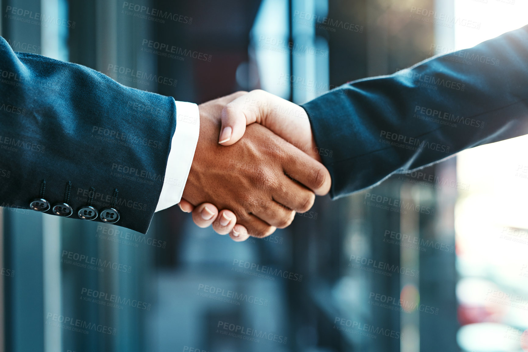 Buy stock photo Handshake, business people and partnership, agreement and support with networking, welcome and introduction. Hiring, recruitment and promotion with corporate team shaking hands and collaboration