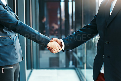 Buy stock photo Handshake, meeting and partnership with business people in office for agreement, collaboration or deal. Corporate, thank you or welcome with employee team shaking hands in workplace for contract