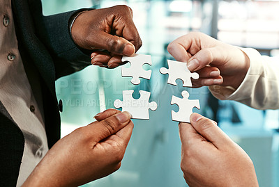 Buy stock photo Puzzle, team building and hands of business people for strategy, partnership and solution. Work, corporate and a group of employees with a jigsaw for an idea, mission or company problem solving