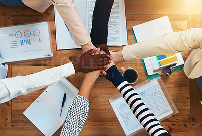 Buy stock photo Top view, business and hands with teamwork, huddle and collaboration with documents, partnership and meeting. Closeup, group or staff with paperwork, achievement and professional with goal and target