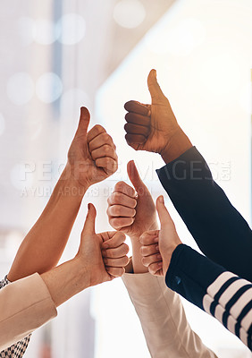 Buy stock photo Hands, collaboration and thumbs up with a business team in the office together for motivation or success. Teamwork, yes and winner with an employee group in gesture of like, support or celebration