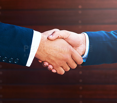 Buy stock photo Handshake, agreement and business people with deal, collaboration or partnership. Shaking hands, cooperation and employees with opportunity, acquisition or b2b negotiation, congratulations and mockup
