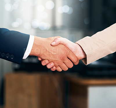 Buy stock photo Handshake, agreement and business people with deal, partnership or collaboration. Shaking hands, cooperation and employees with opportunity, acquisition or b2b negotiation, congratulations and mockup