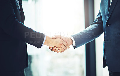 Buy stock photo Business people, handshake and teamwork in meeting for b2b deal, agreement or partnership in office. Above view, professional and men shaking hands for greeting, introduction or thank you