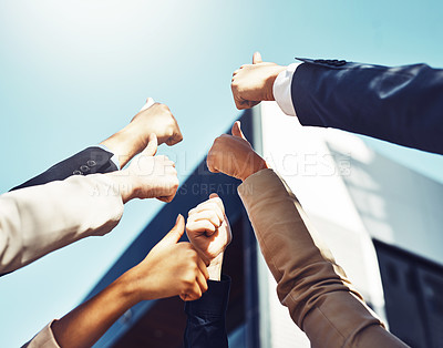 Buy stock photo Diversity, thumbs up and team of business people in city for good news, satisfaction and achievement. Winning, collaboration and group of professional lawyers with approval hand gesture in town.