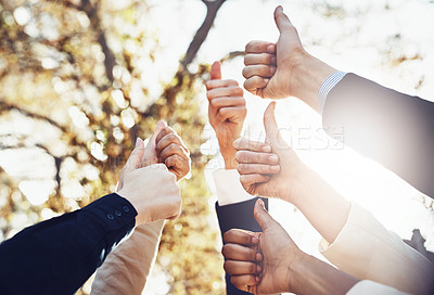 Buy stock photo Diversity, thumbs up and team of business people in park for good news, satisfaction and achievement. Winning, collaboration and group of professional lawyers with approval hand gesture in garden.
