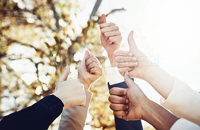 Buy stock photo Teamwork, thumbs up and group of business people in park for good news, satisfaction and achievement. Winning, collaboration and professional lawyers with approval hand gesture together in garden.