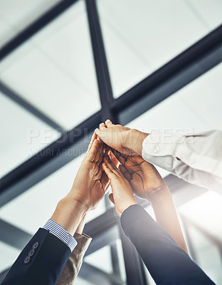 Buy stock photo Hands, high five and winner with business people in office from below for celebration of goals or target. Collaboration, motivation and success with employee team in workplace for achievement