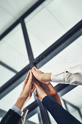 Buy stock photo Business, hands and high five in office for success with staff, teamwork and support by collaboration. Diverse, people and colleagues by unity of achievement with project, deal and cooperation 