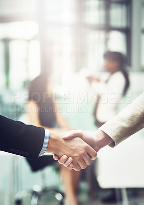 Buy stock photo Partnership, handshake and business people in office for a deal, collaboration or corporate meeting. Teamwork, introduction and closeup of employees shaking hands for greeting or welcome in workplace