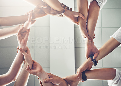 Buy stock photo Circle, teamwork and hands together for group synergy, collaboration and problem solving in engineering project. Sustainable, energy and power or workflow for support and cooperation in low angle