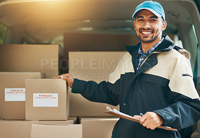 Buy stock photo Box, delivery and shipping with portrait of man for courier, logistics and supplier. Ecommerce, export and distribution service with male postman and checklist for mail, package and cargo shipment
