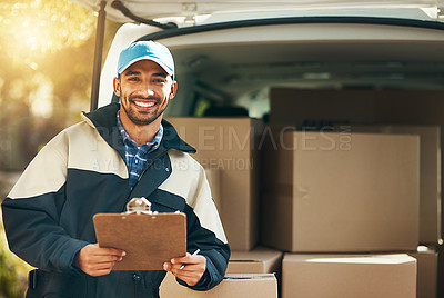 Buy stock photo Happy, delivery and checklist with portrait of man for courier, logistics and shipping. Ecommerce, export and distribution service with male postman by van for mail, package and cargo shipment