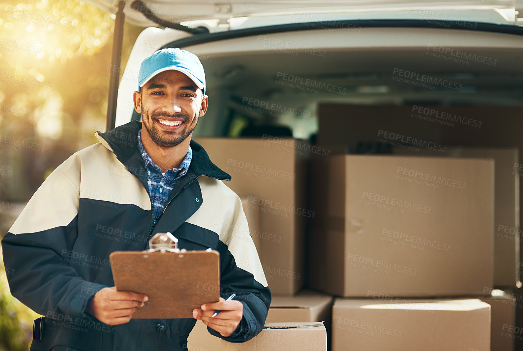 Buy stock photo Happy, delivery and checklist with portrait of man for courier, logistics and shipping. Ecommerce, export and distribution service with male postman by van for mail, package and cargo shipment