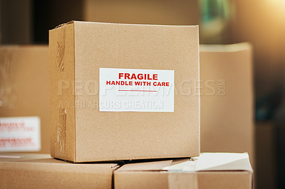 Buy stock photo Still life shot of cardboard boxes marked as fragile and ready for delivery