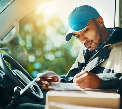 Buy stock photo Writing, delivery and checklist with man in car for courier, logistics and shipping. Ecommerce, export and distribution with male postman in vehicle for mail, package and cargo shipment