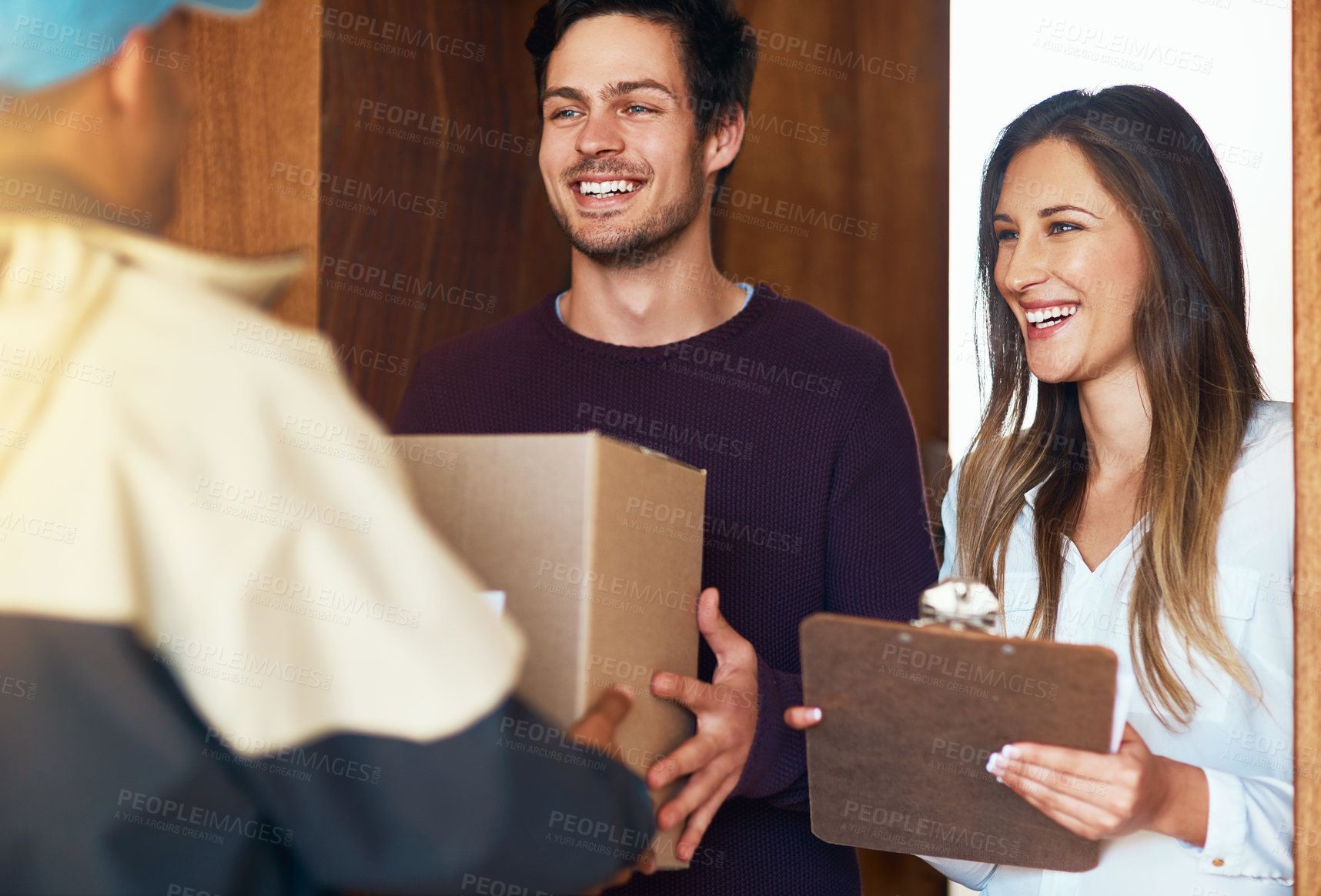 Buy stock photo E commerce, delivery man with package boxes and couple at front door for logistics. Distribution or online shopping, courier supply chain or shipping or happy customer with cardboard parcel packaging