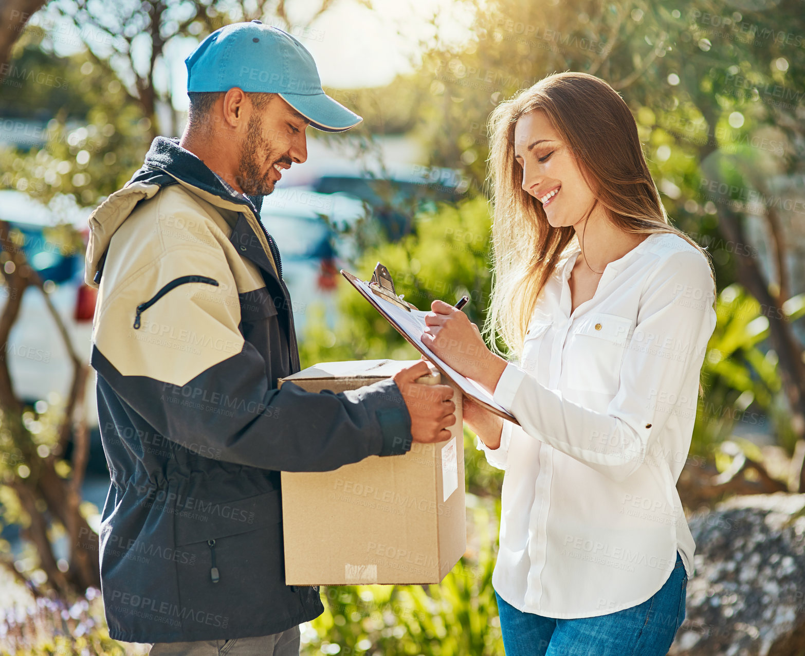 Buy stock photo Man, courier and customer signature with clipboard and cardboard box for shipping and shopping delivery. Male person, document and paper outdoor for parcel distribution, mail and fragile cargo