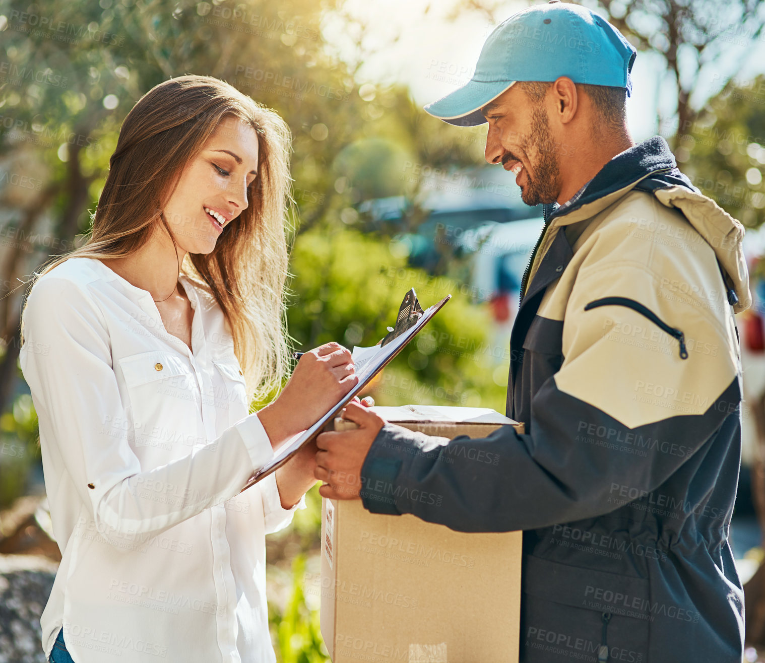 Buy stock photo Happy, delivery man and customer signature with clipboard and cardboard box for retail shipping and supply chain. Male courier, document or paper for mail transport or fragile parcel distribution