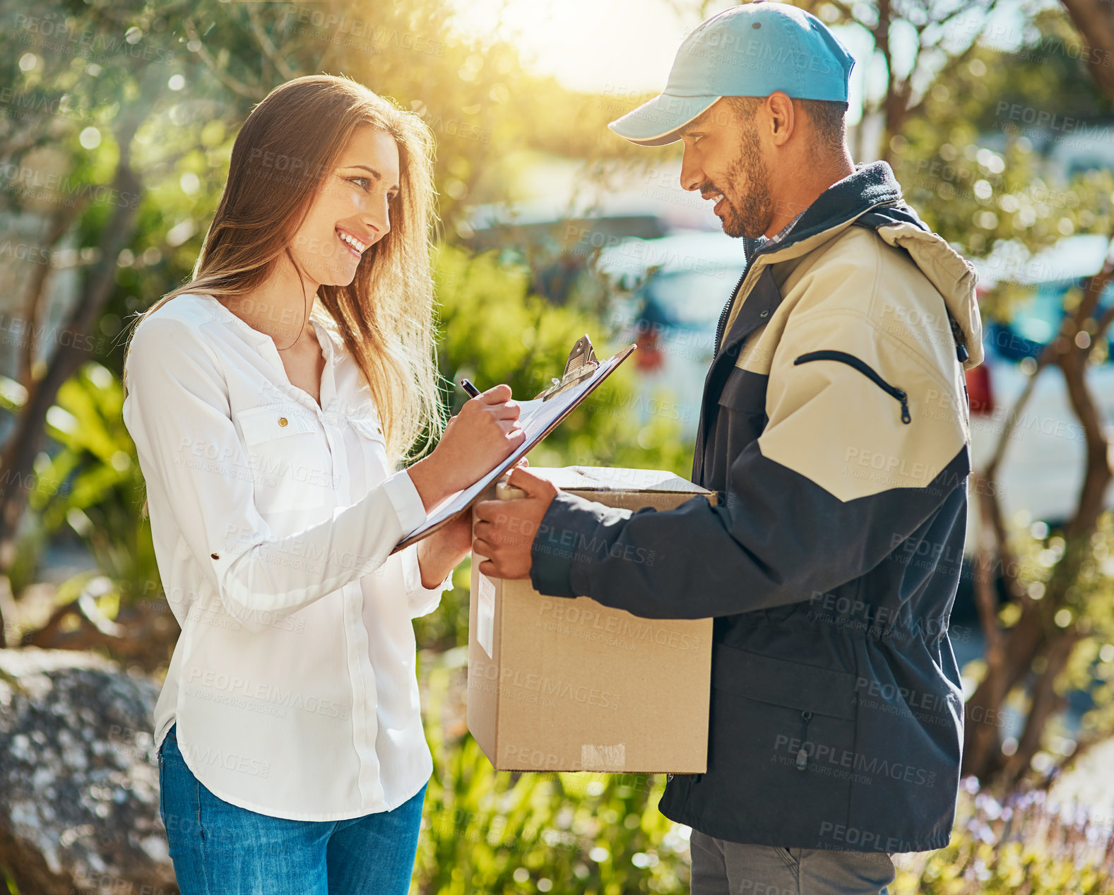 Buy stock photo Ecommerce, courier with package boxes and woman at front door for logistics. Distribution or online shopping, delivery man supply chain or shipping and happy customer with cardboard parcel packaging