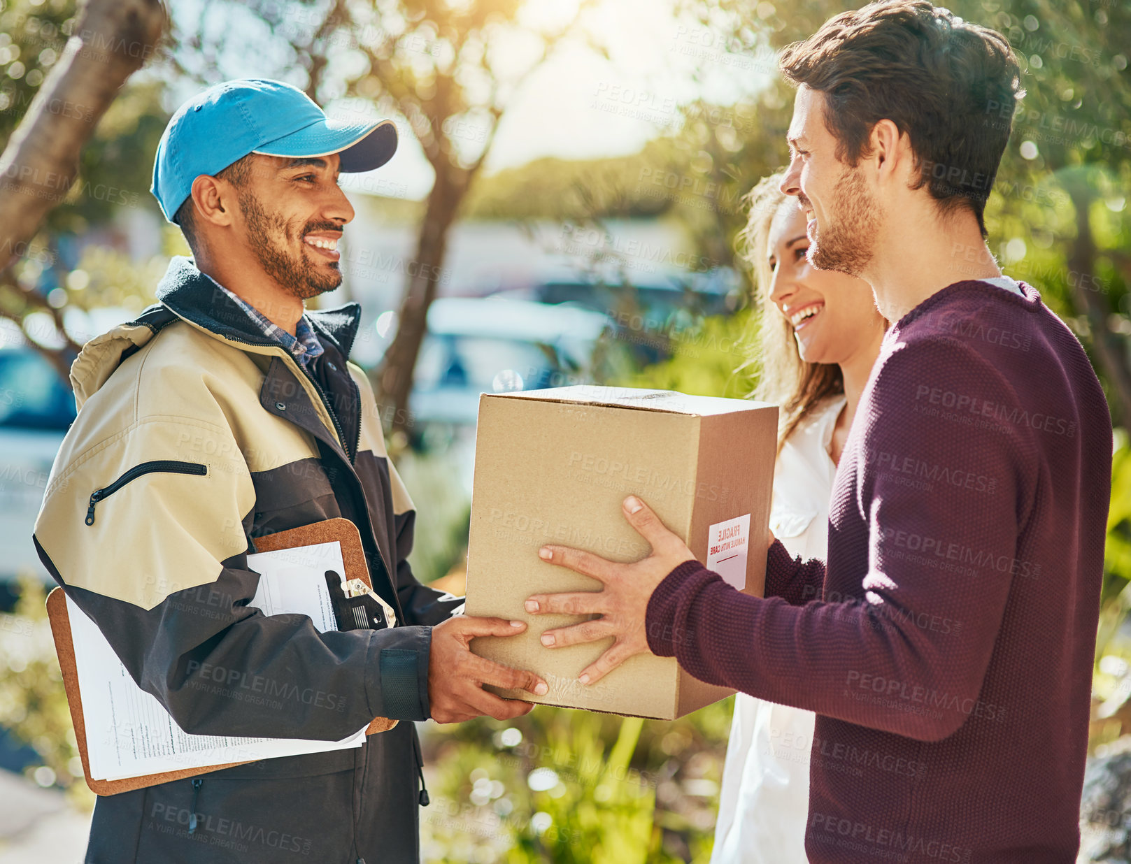 Buy stock photo Ecommerce, courier with package boxes and couple at front door for logistics. Distribution or online shopping, delivery man supply chain or shipping and happy customer with cardboard parcel transport