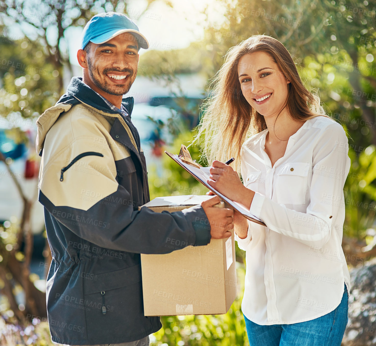 Buy stock photo Ecommerce, delivery man with portrait, boxes and woman at front door for logistics. Distribution or online shopping, courier supply chain or shipping and customer with cardboard parcel packaging