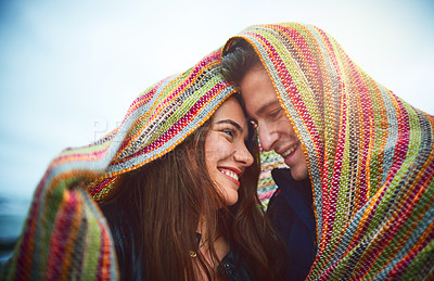 Buy stock photo Couple, happy and blanket outdoor for love, bonding and relax with relationship, romance and date. Man, woman and smile outside for care, support and connection with partner, fun and weekend together