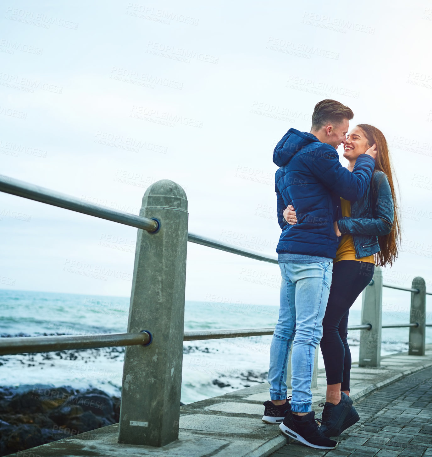 Buy stock photo Couple, happy and beach outdoor for love, bonding and relax with relationship, romance and date. Man, woman and ocean outside for care, support and connection with partner, smile and weekend together