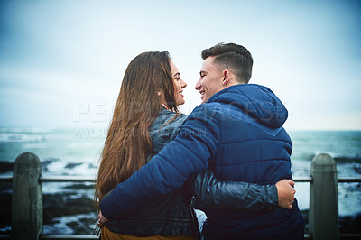 Buy stock photo Couple, happy and beach for love, travel and relax with relationship, romance and outdoor date. Man, woman and ocean for bonding, support and connection with partner, care and fun morning together