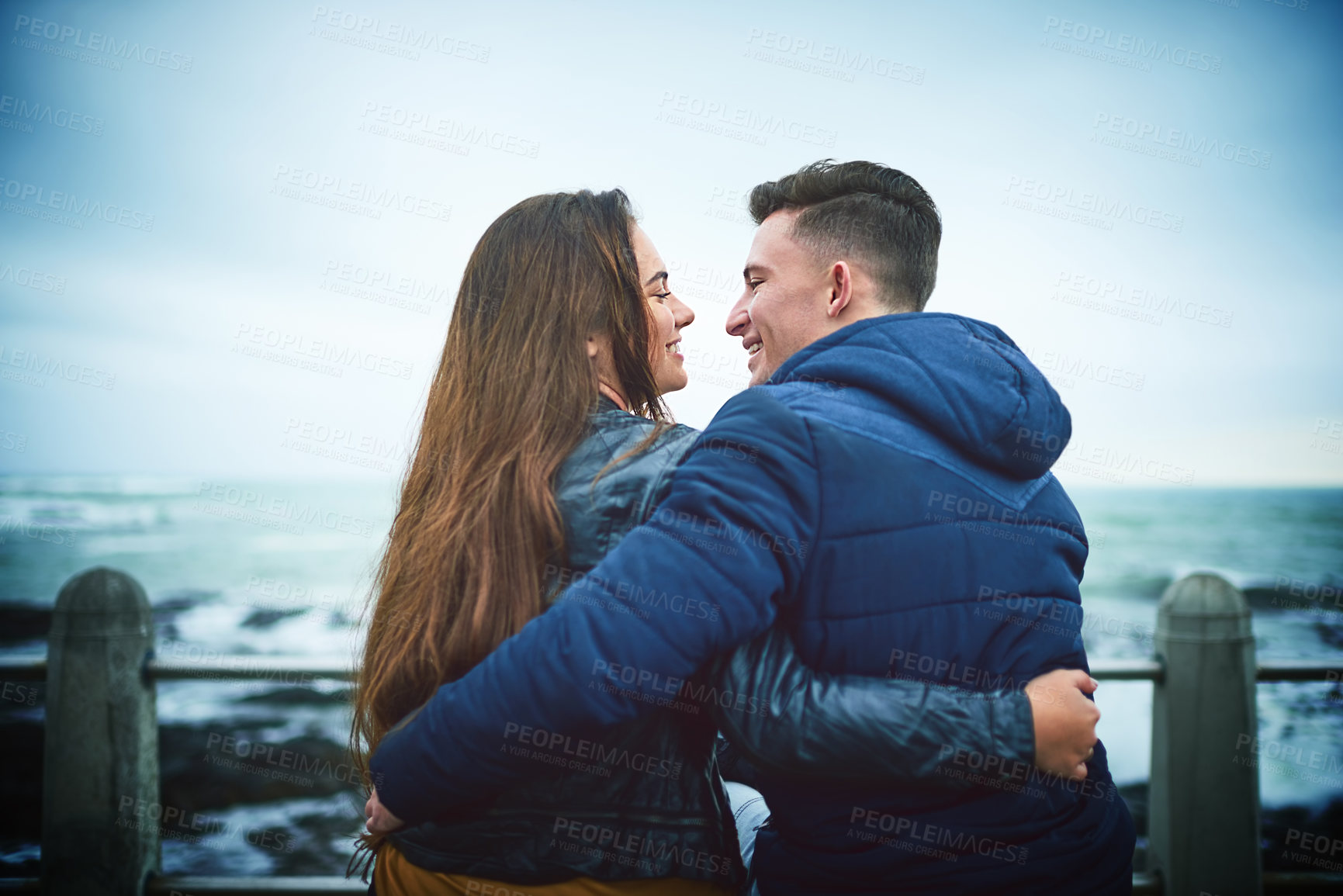 Buy stock photo Couple, happy and beach for love, travel and relax with relationship, romance and outdoor date. Man, woman and ocean for bonding, support and connection with partner, care and fun morning together