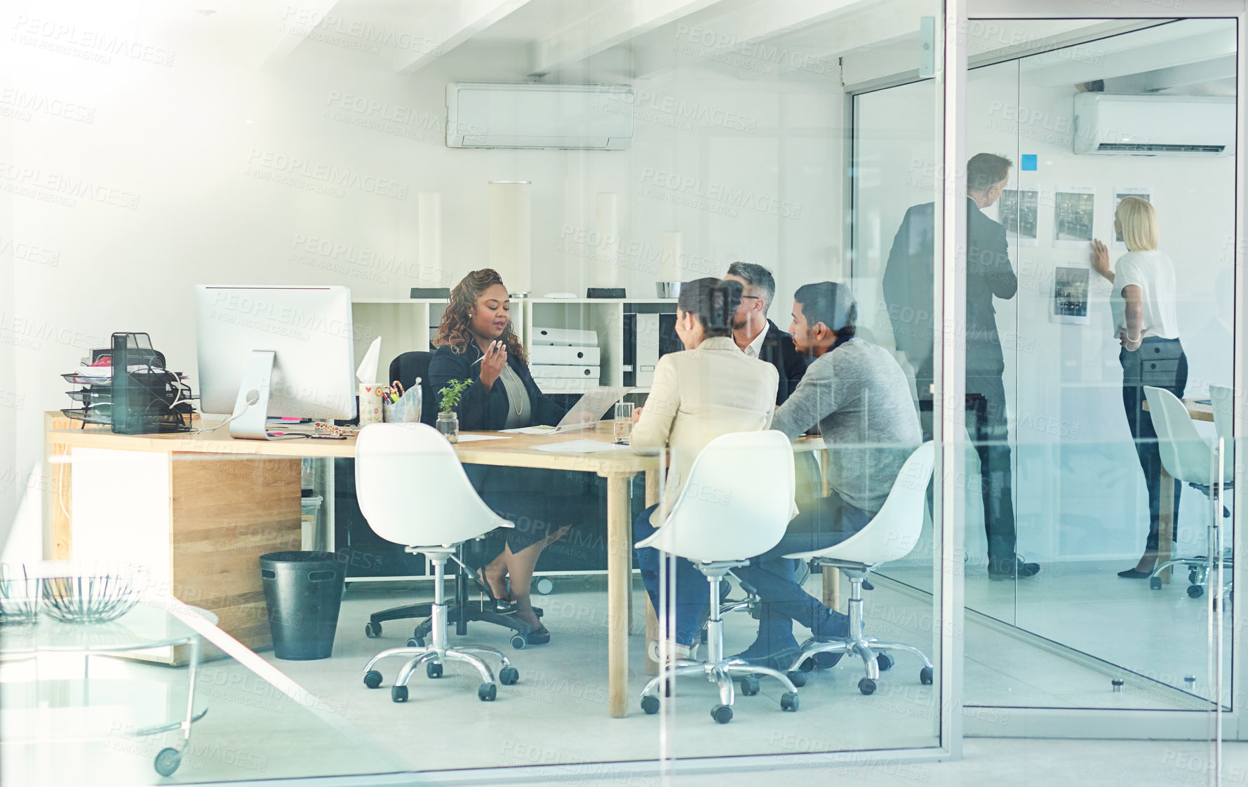 Buy stock photo Office, boardroom and business people in meeting for discussion, collaboration and teamwork. Corporate, diversity and men and women talking for planning, coworking and company feedback in workplace