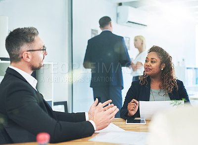 Buy stock photo Meeting, advisor and business people with discussion, paperwork and financial development ideas. Man, woman and conversation in office for strategy, planning and proposal for growth at consultancy