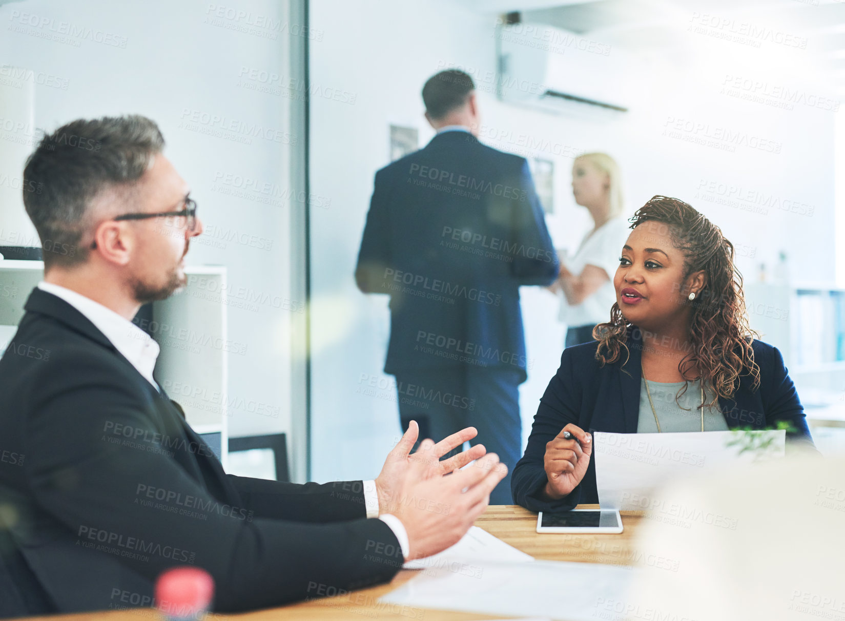 Buy stock photo Meeting, advisor and business people with discussion, paperwork and financial development ideas. Man, woman and conversation in office for strategy, planning and proposal for growth at consultancy