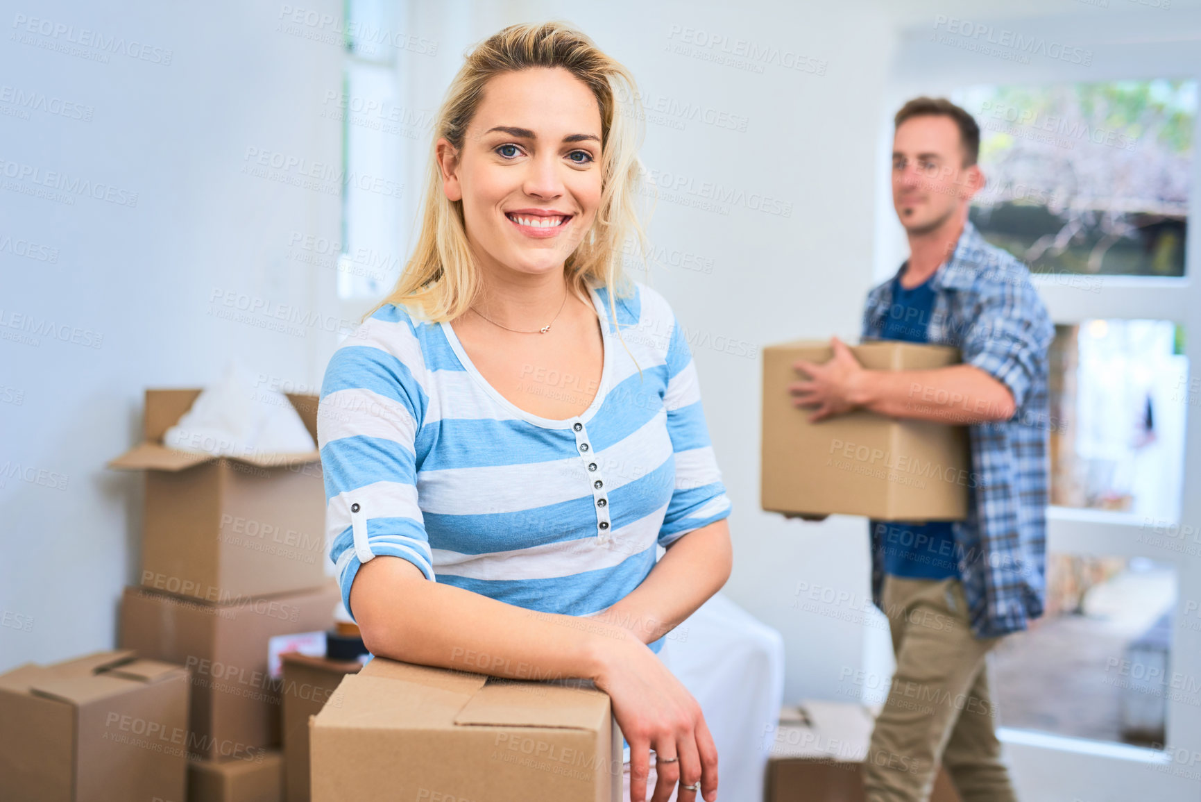 Buy stock photo Portrait, couple and happy for home, box and man in living room, smile and mortgage for real estate in apartment. Woman, new house and moving with packages, investment and loan for property in USA