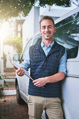 Buy stock photo Portrait, documents and a delivery man with his van, checking a clipboard for an order or address. Logistics, ecommerce or supply chain with a male courier reading an inventory checklist for shipping