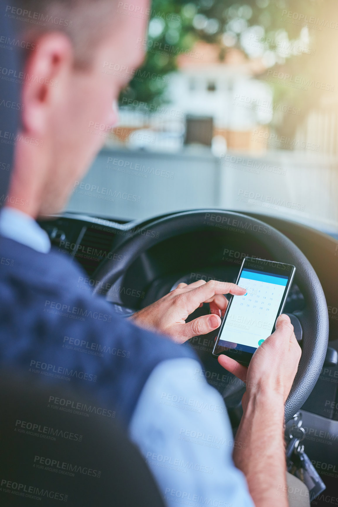 Buy stock photo Hands, person and driving car with smartphone for calendar, schedule or date for delivery service on road. Driver, courier and phone in van with reminder on mobile app for supply chain on street