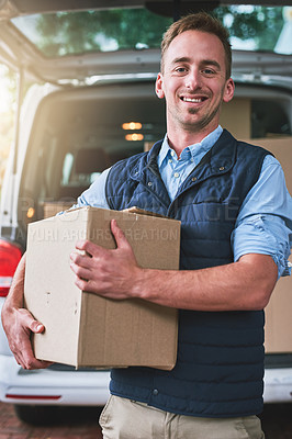 Buy stock photo Portrait of a courier standing alongside his delivery van