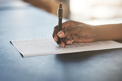 Buy stock photo Checklist, tick and hands writing report, agenda or planning administration at work. Receptionist, plan and person with notes on a document for information, project management or working on schedule